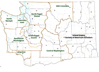 Image of Washington State and location of WSSAF Chapters