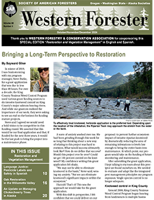 Cover of Oct/Nov/Dec 2024 Western Forester issue. Cover features four people walking in a stream with sprayer backpacks